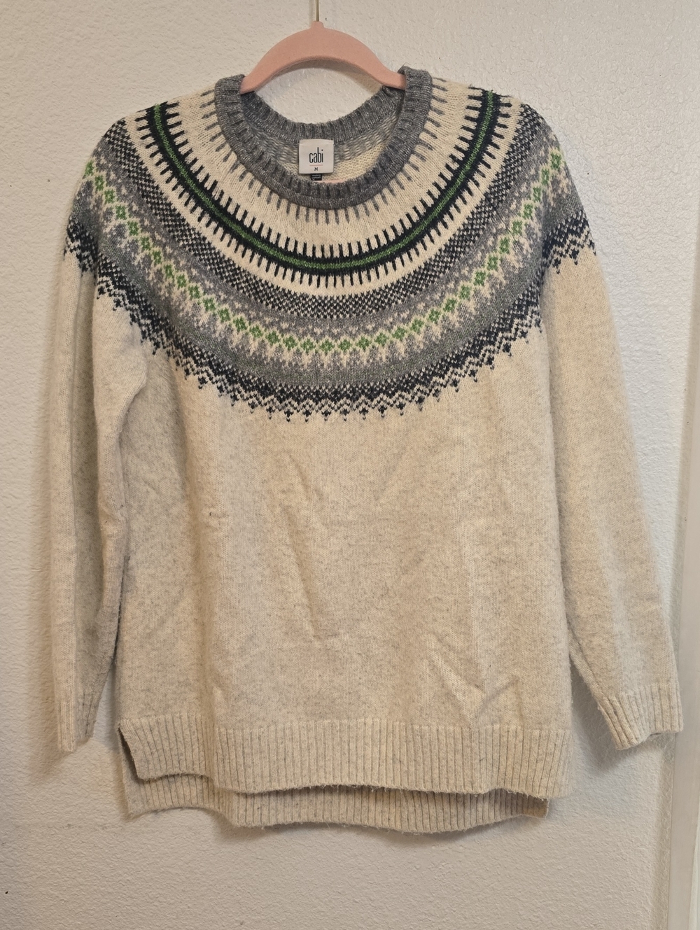 CAbi Cream Fair Isle Yoke Sweater with Gray & Green Details